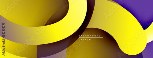 Abstract design features flowing yellow, purple layers. Modern aesthetic, dynamic composition, gradient shades create depth. Minimalist style.