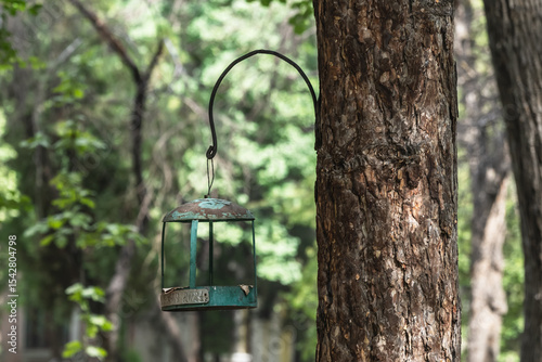 An elegant metal birdhouse hangs on a tree on a city boulevard. Copy space, blurred background.