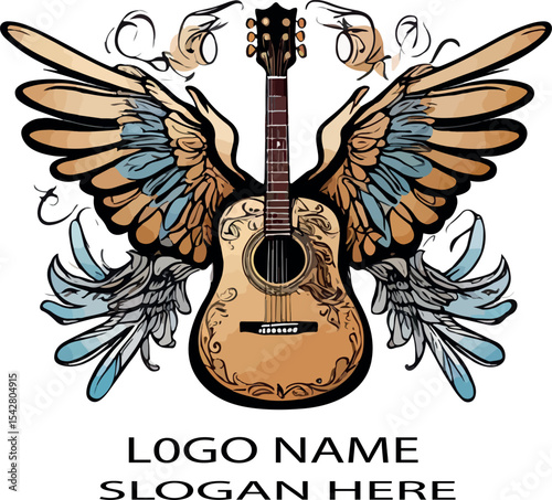 Stylized Guitar with Eagle Wing Music logo vector .