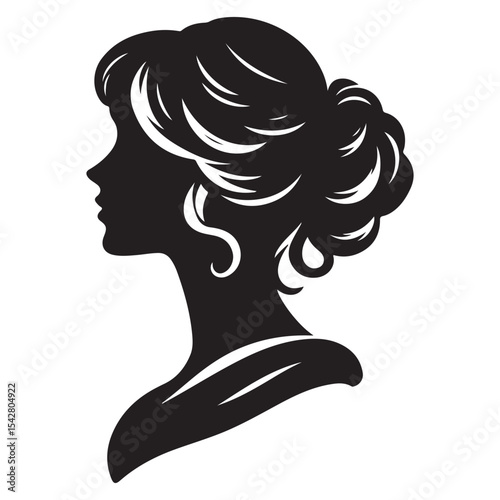 A black and white vector silhouette of a romantic cameo design with vintage charm on a white background.