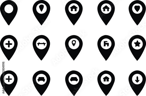 Set pointers, parking, restaurants, hospitals, supermarkets, telephones, stars, terminals, hotels, stations, bicycles, heart, camera house, airplane. Location icon map pin pointer. Navigation pointer