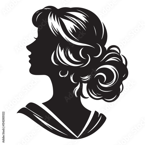 A black and white vector silhouette of a romantic cameo design with vintage charm on a white background.
