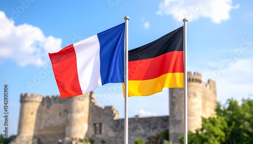 French and German Flags Waving Against a Historic Castle Background