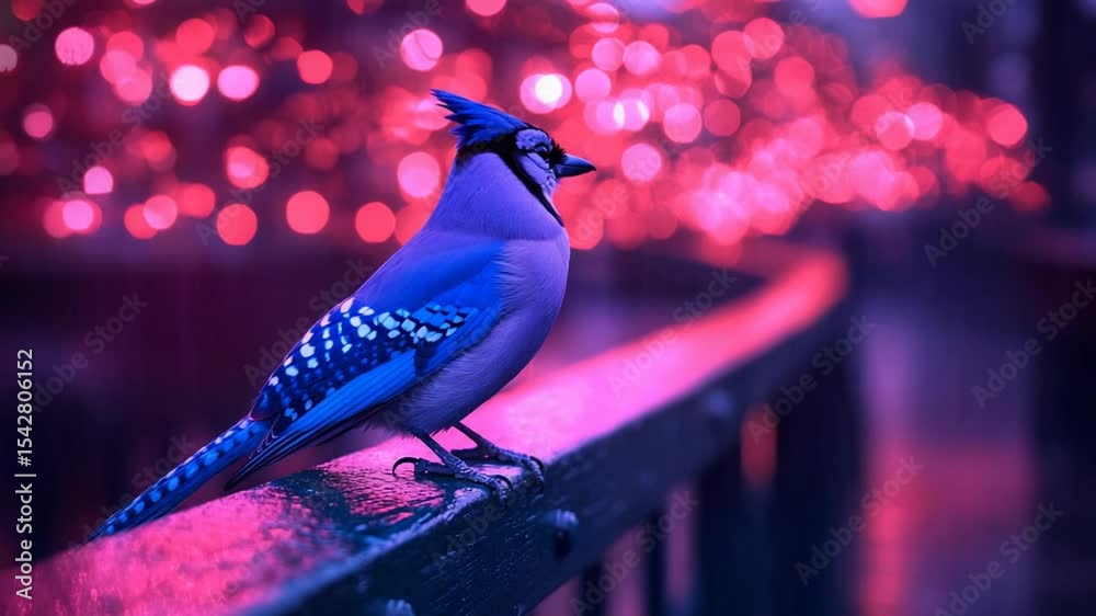 Vibrant blue jay perched on a dark railing,  surrounded by vibrant pink bokeh lights