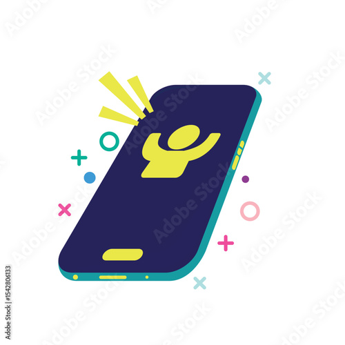 Vector illustration of a modern cartoon smartphone with an alert symbol showing an incoming call. Ideal for apps, UI/UX, social communication, and digital media designs