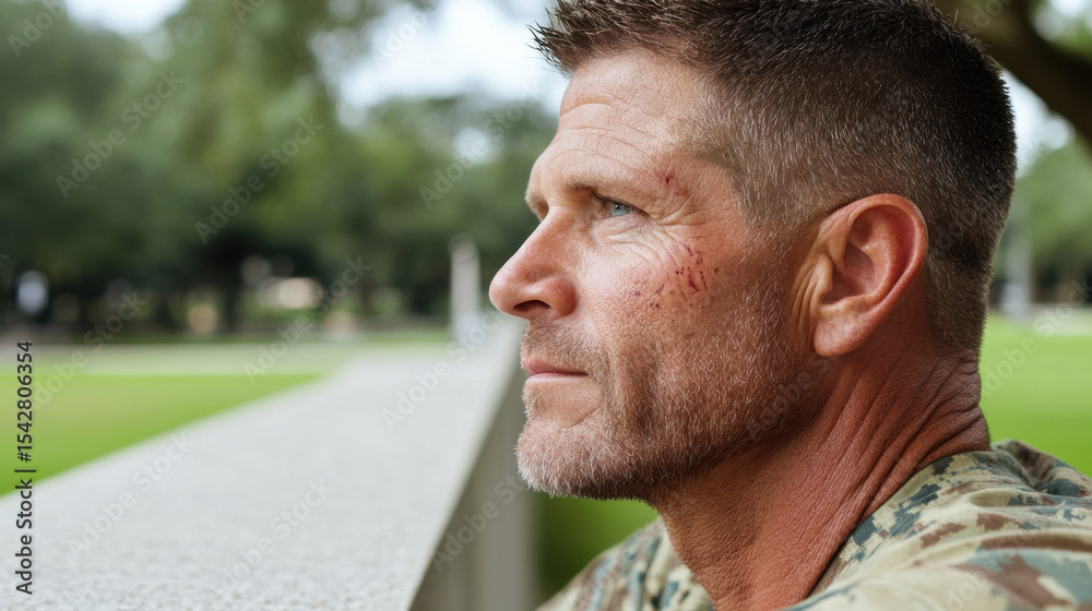 Fototapeta premium Portrait of a veteran with visible scars from combat, gazing out into a memorial park. 