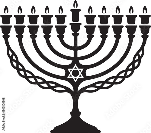 Traditional Hanukkah menorah silhouette with nine lit candles representing Jewish holiday celebration and spirituality