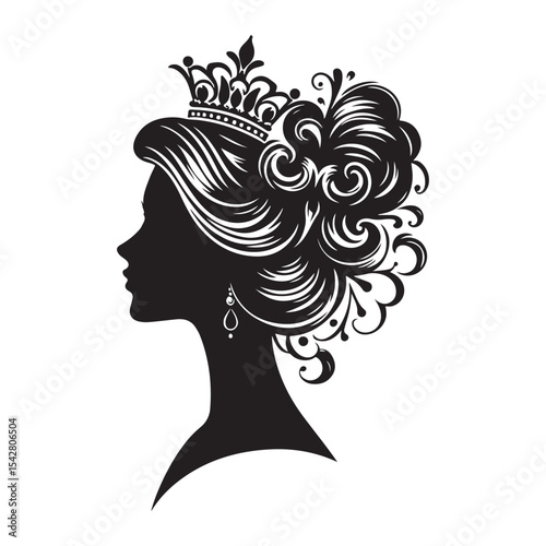 A black and white vector silhouette of a romantic cameo design with vintage charm on a white background.