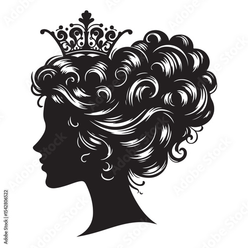 A black and white vector silhouette of a romantic cameo design with vintage charm on a white background.
