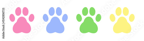 Simple pastel paw print icons – colorful dog or cat footprints for stickers, logos, or playful animal-themed illustrations.