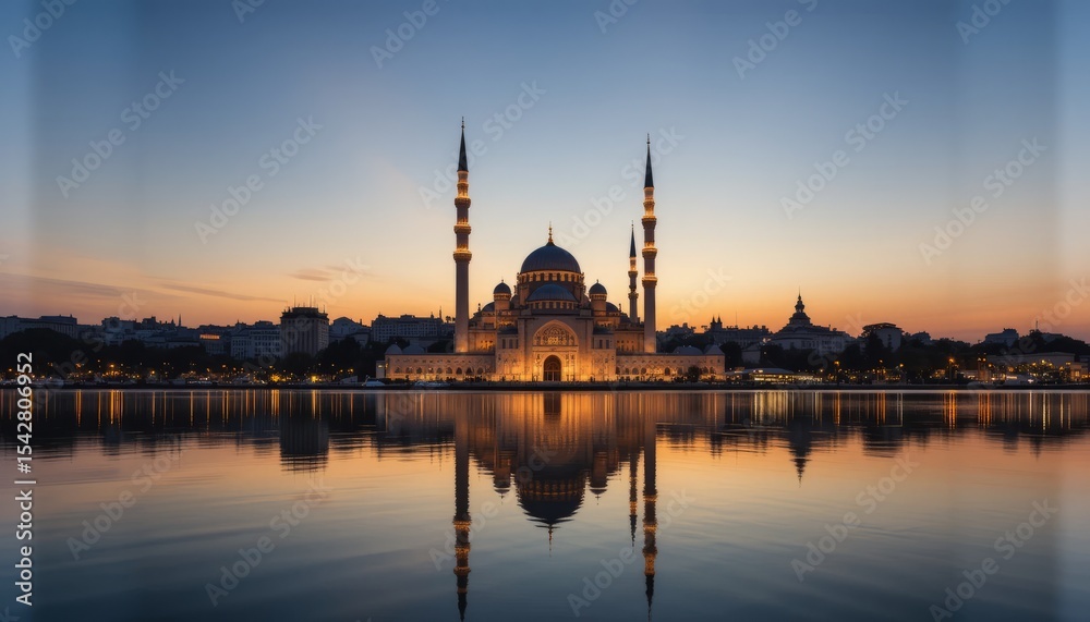 Naklejka premium Illuminated mosque reflected in water at sunset, cityscape backdrop.