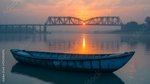 Historic Howrah bridge at Kolkata with view of fishing boat on river Ganges at sunrise