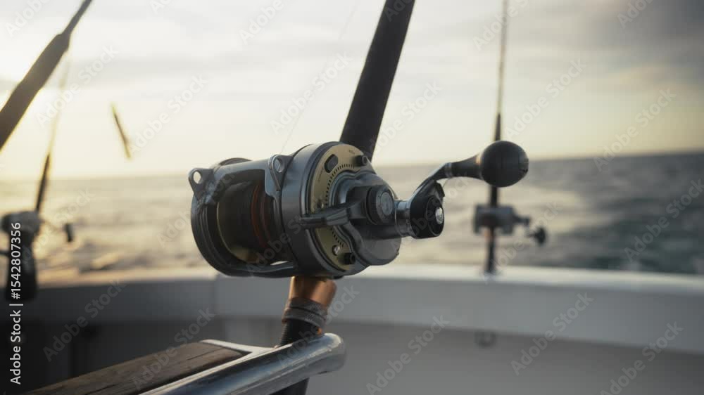 Detailed close-up of a fishing reel on a boat rod with the ocean fading in the distance.