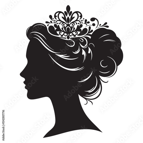 A black and white vector silhouette of a romantic cameo design with vintage charm on a white background.