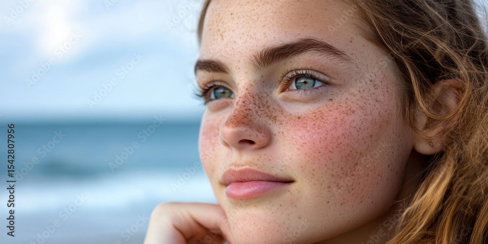 Obraz premium Portrait of a young woman with light freckles, looking out at the ocean from a Swedish beach.