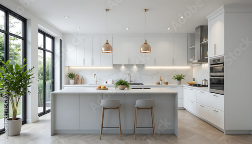 modern, bright, open-concept kitchen, large windows, wooden floor, white cabinets, marble countertops, pendant lights, minimalist, Scandinavian design, natural light, clean, spacious, 4K and HD image
