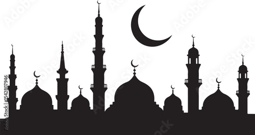 mosque skyline silhouette with crescent moon for Islamic architecture, Ramadan, Eid and Muslim celebration themes