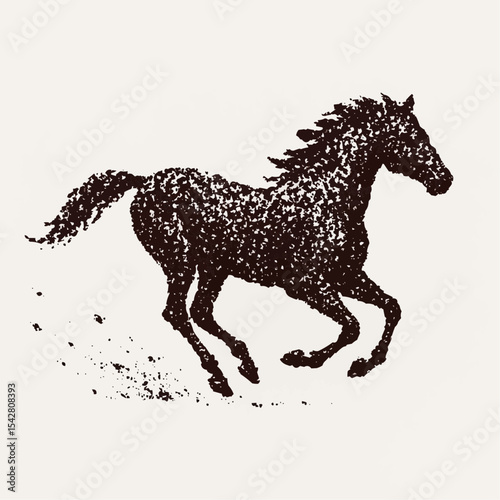 Galloping horse or mustang silhouette. Hand drawing crayon, chalk, pastel pencil texture art isolated on white.


