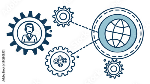 Illustration showing a globe with gears and a person inside a gear connected by dashed lines