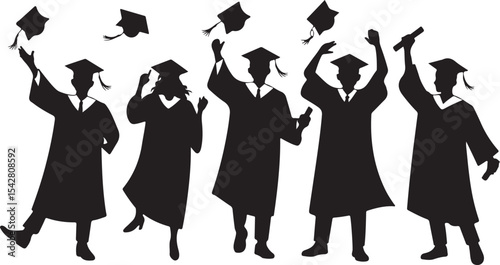 graduate silhouette group celebrating with caps and diplomas in the air, symbolizing academic success and pride