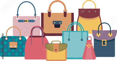 A vibrant collection of stylish handbags and fashion accessories in diverse designs and sizes, perfect for every fashion enthusiast.