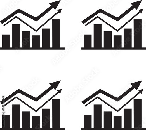 Identical upward trending bar graph silhouettes isolated on white background. Business graph icon vector illustration. 