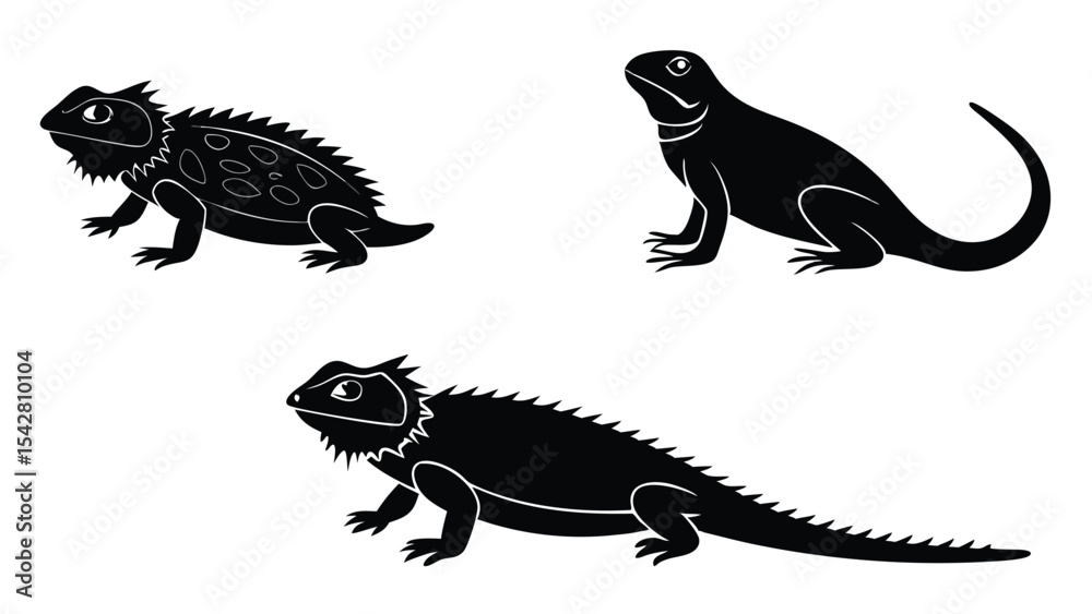 Fototapeta premium Collection of black and white vector illustrations depicting different lizard species in various poses