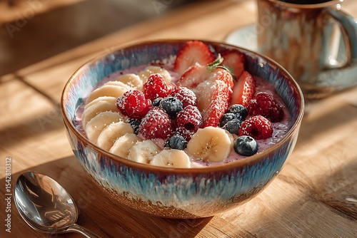 A colorful bowl of smoothie, topped with mixed berries and banana slices, sits on an elegant wooden table in the morning sunlight.