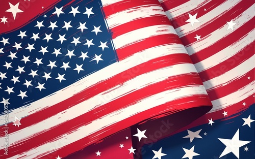 4 July USA Independence Day abstract background in 80s memphis style. Seamless memphis pattern for posers and cards. Hipster bright color background. Vector illustration. High quality photo