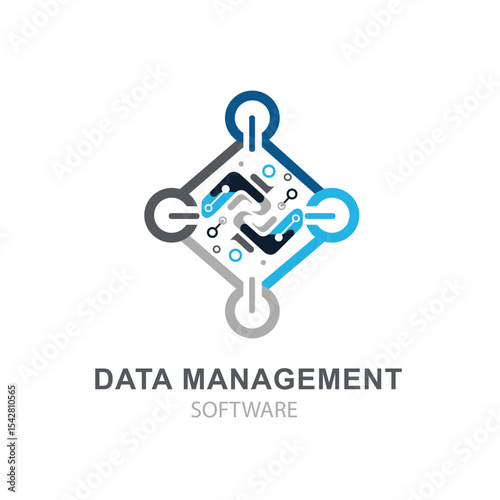 Abstract logo featuring a circuit board design in blue and gray, symbolizing data management and software technology.