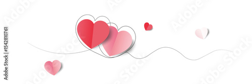 Romantic love background concept with 3D paper craft hearts and continuous single line art.