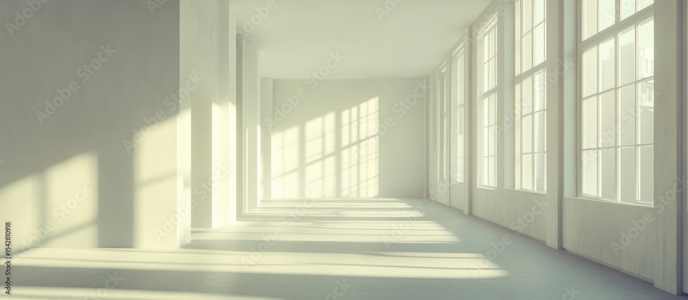 Obraz premium Sunlight streams into an empty, white hallway