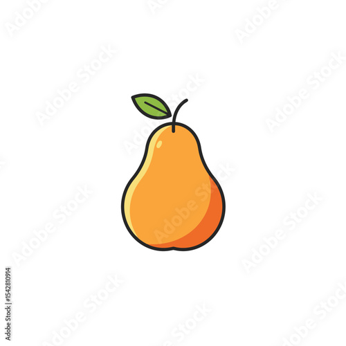 Orange pear fruit vector illustration with green leaf. Types of fruits, healthy snack, vegan and vegetarian ingredients. Gardening concept, food variety