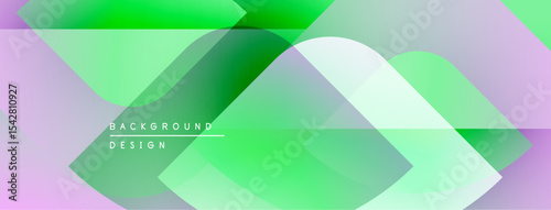 Abstract geometric design. Overlapping layers create vibrant green, purple hues. Modern background for digital projects.
