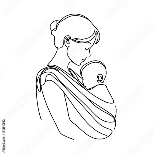 Line art vector illustration of mother with baby in sling, parenthood and family, mother's day. Care and love for children