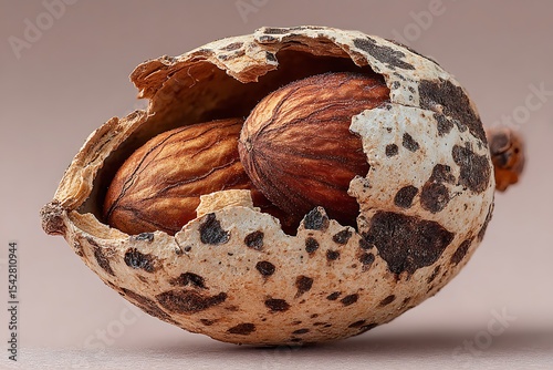 A cracked almond shell with an open walnut inside, close-up view.