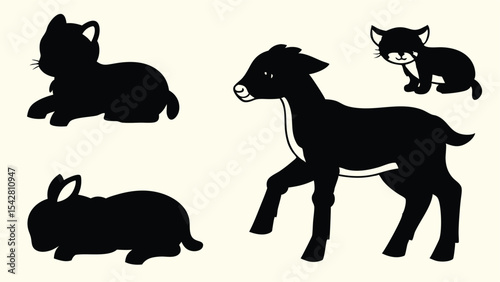 Silhouetted illustrations of cute animals including a kitten a rabbit and a young goat in black