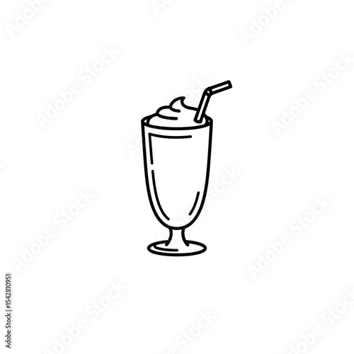 Milkshake in glass with straw and whipped cream topping, vector icon illustration. Desserts and types of drinks
