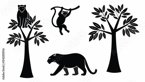 Silhouette illustration of a panther monkey and two trees representing wildlife and the jungle environment.