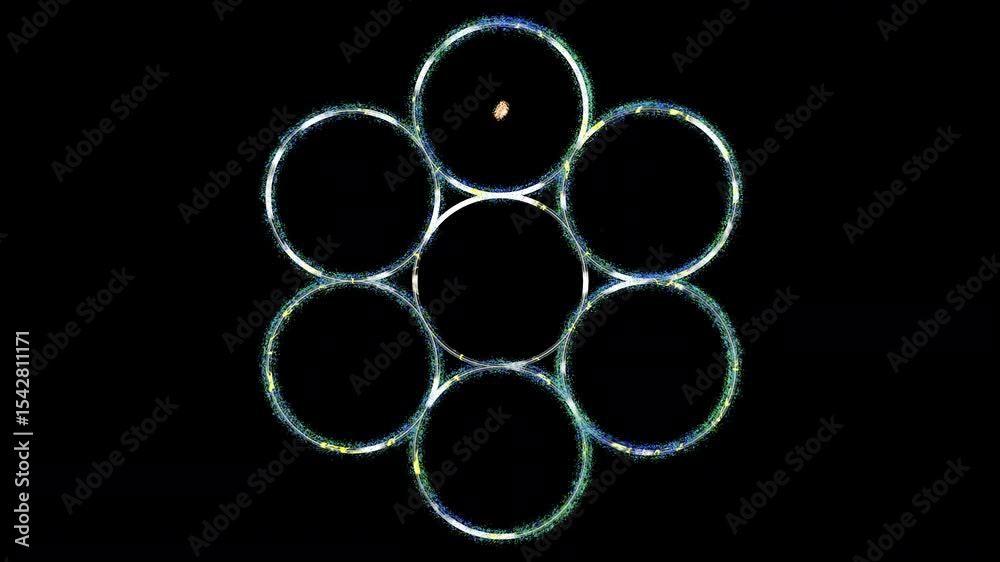 Abstract sacred-geometry animation. Seven shimmering circles appear, morph and interconnect to reveal Metatron’s Cube on a black background. Composite over footage, VJ loops, stage LED walls.