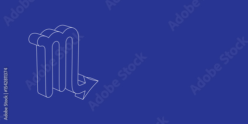 The outline of a large zodiac scorpio symbol made of white lines on the left. 3D view of the object in perspective. Vector illustration on indigo background