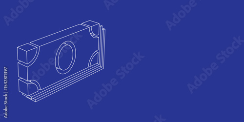 The outline of a large money bundle symbol made of white lines on the left. 3D view of the object in perspective. Vector illustration on indigo background
