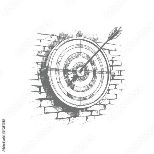Archery Target with Arrow Embedded in Bullseye on Brick Wall