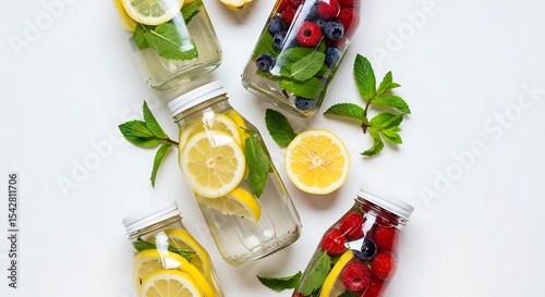 Fresh and Flavorful: Vibrant bottles showcasing an array of refreshing drinks with fresh ingredients:lemon, blueberry, raspberry, herbs. Perfectly styled and visually appealing.