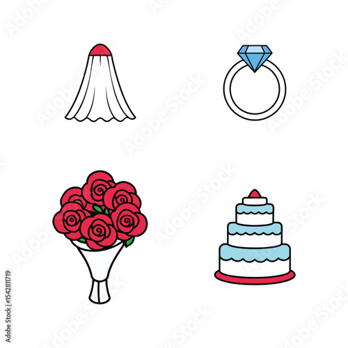Vector art of wedding cake ring bouquet and veil isolated on white background