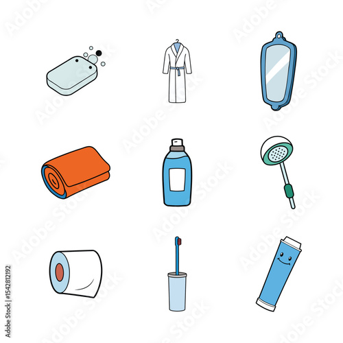 Vector art of bathroom accessories including soap robe mirror towel shampoo shower toilet paper toothbrush and toothpaste isolated on white background