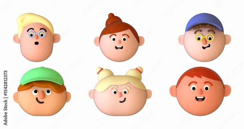 Diverse 3D rendered human faces with different hair colors and accessories. Diverse 3D rendered human faces with different hair colors and accessories.