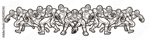 American Football Players Cartoon Outline Mix Action Sport Team Graphic Vector