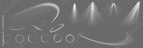Light effect set. Glow isolated white transparent light effect set, lens flare, explosion, glitter, dust, line, sun flash, spark and stars, spotlight, curve twirl.