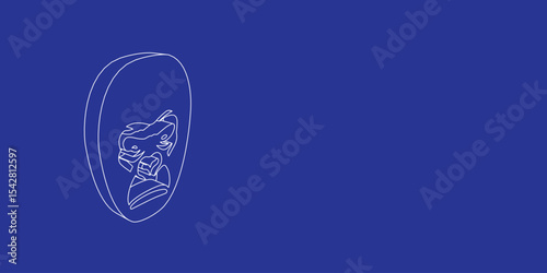 The outline of a large gorilla head made of white lines on the left. 3D view of the object in perspective. Vector illustration on indigo background